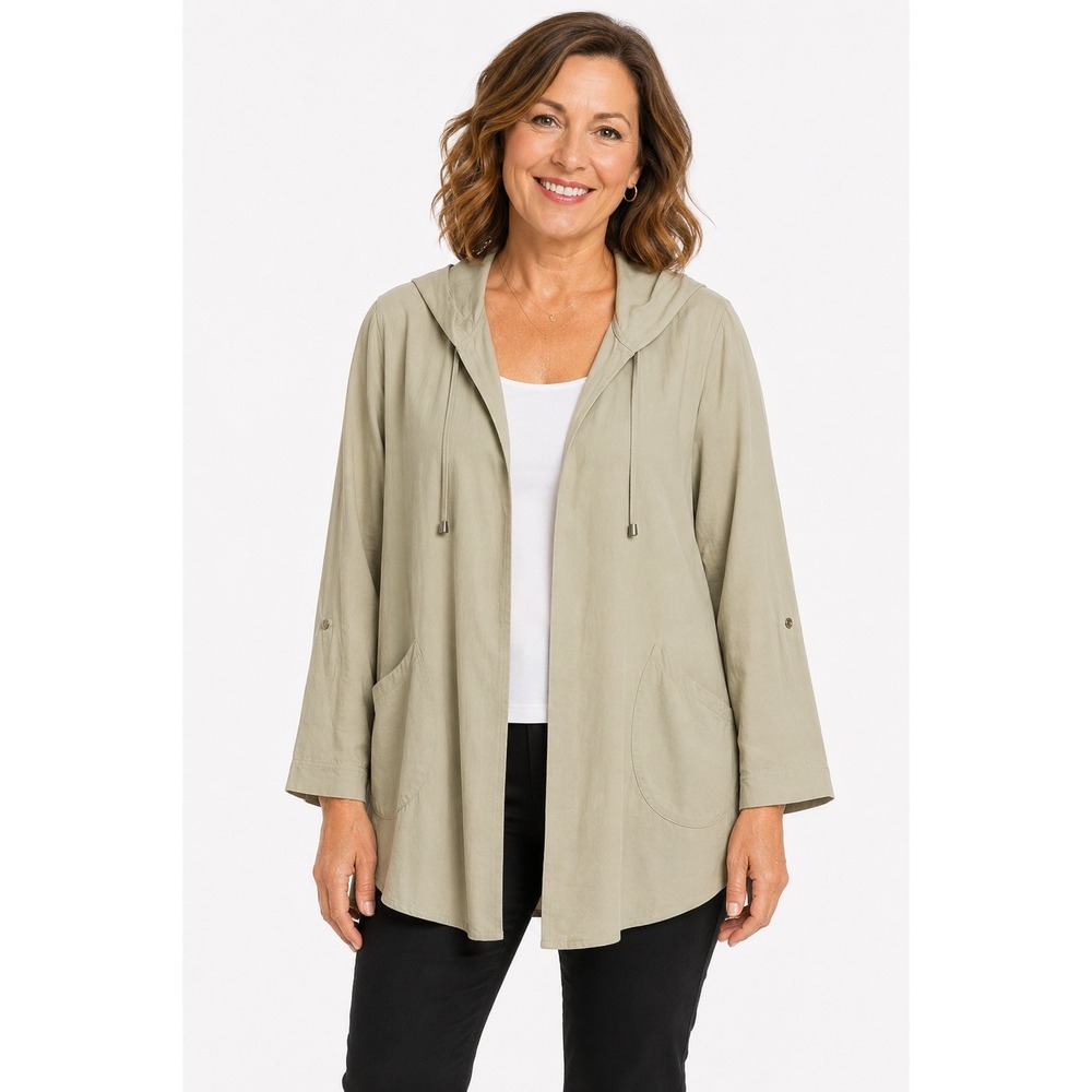 Ali Miles Jacket Women's Large Hooded Lightweight Roll Tab Green Beige